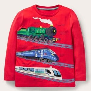 MINI BODEN Red Long Sleeve Top Cotton Embroidered T-Shirt wTRAIN FLAPS 6-7yrs